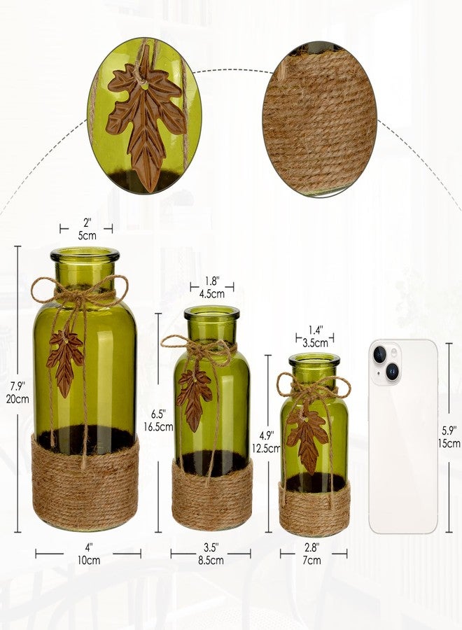 GnFlus Green Glass Vase Set of 3 Flower Vase Vintage Bud Vases Decorative Glass Bottles for Centerpieces Table Decorations Living Room Office Dining Room Kitchen Home Decor, 5" 6.5" 8" Tall Green Vase - Image 2